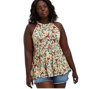 Torrid Super Soft Knits Sage Green Floral Halter Tiered Babydoll Top Plus Size 3